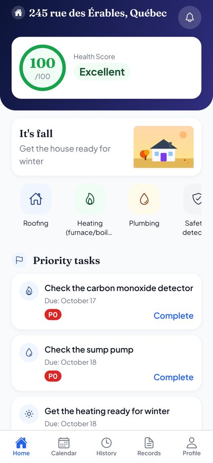 HomeOS dashboard: home health score and priority tasks