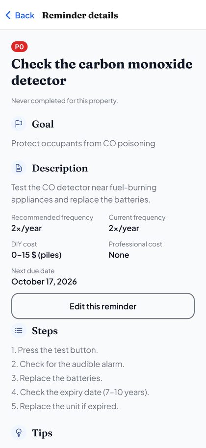 Details of a reminder with the steps to follow